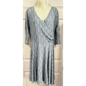 WindRiver Womens Blue White Geometric Below Knee Print Faux Wrap Ruched Dress L